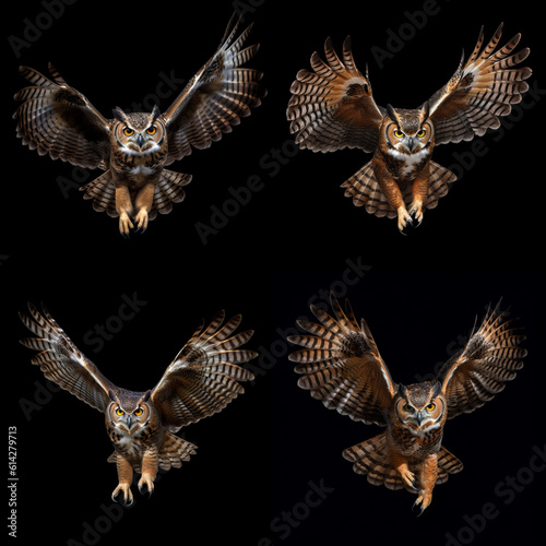 great horned owl mid-flight wings detailed