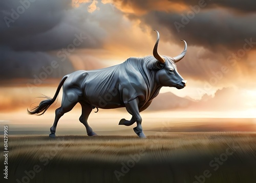 Running bull in the field
