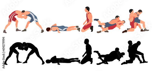 Set of wrestlers silhouettes. Image of greco roman wrestling, martial art, sportsmanship