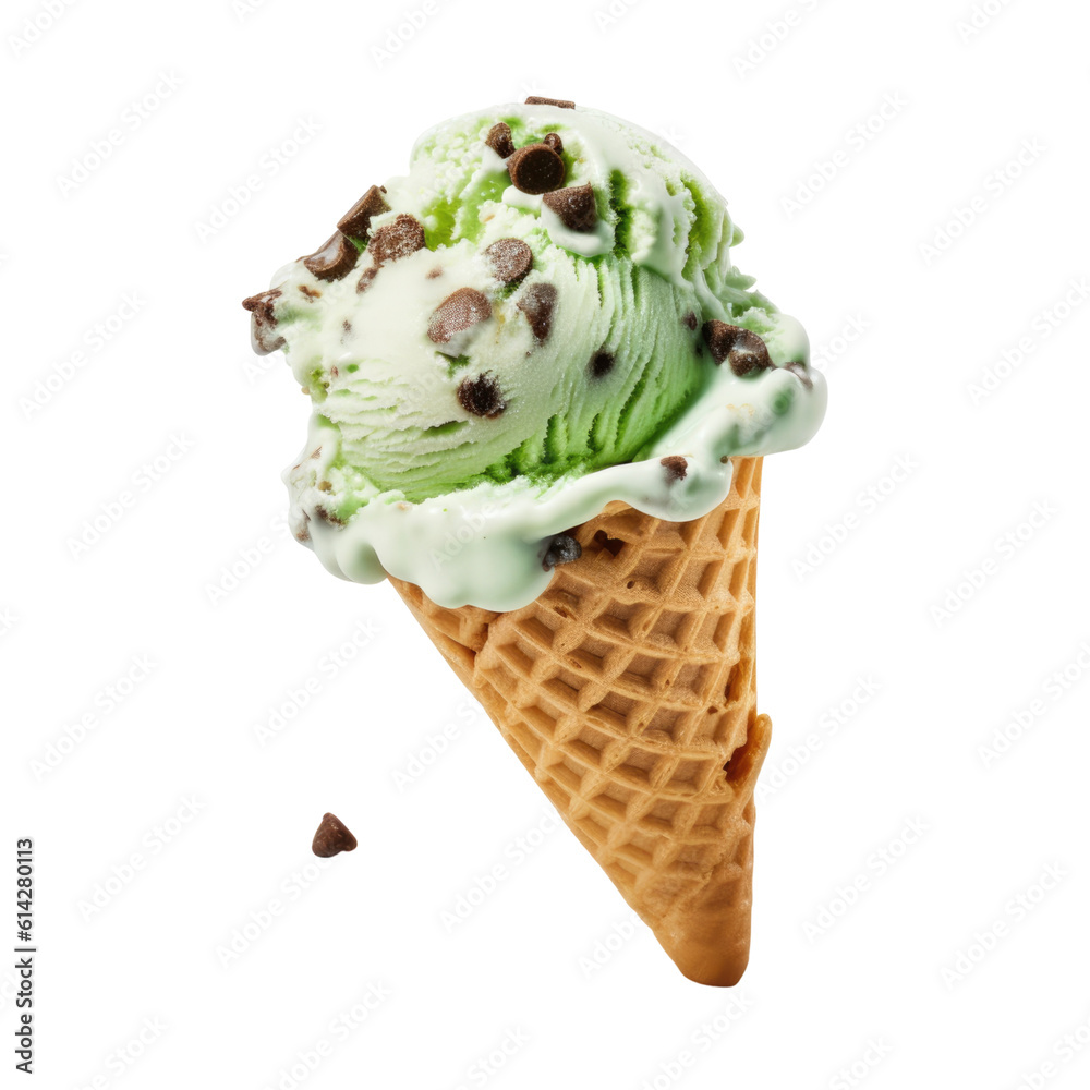 a scoop of mint chocolate chip ice cream on a cone isolated on a