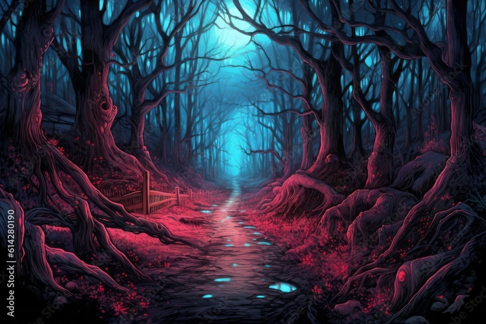 Fototapeta premium Into the Enchanted Woods: A Mysterious Path in a Dark Forest, Generative AI