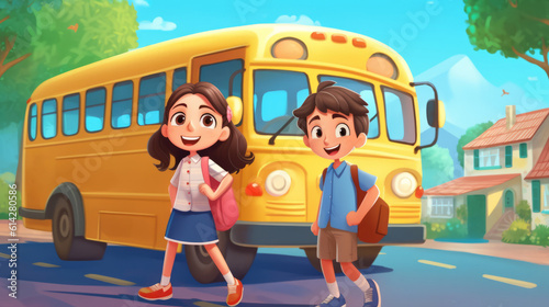 Young smiling kid boy and girl going back to school study education learning. New educational year. Created with Generative AI technology.