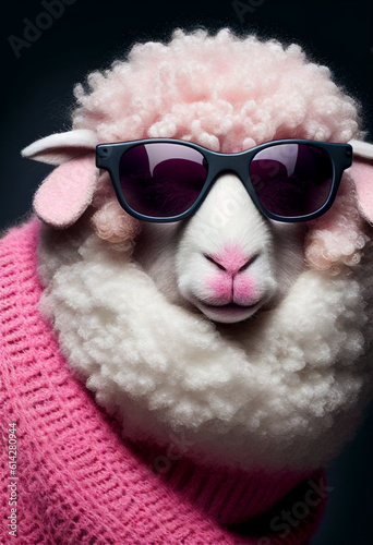 Sheep with pink wool wearing sunglasses. AI Generated ©  iiulia