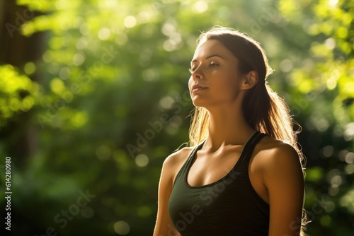 A close - up shot of a young woman practicing yoga in a peaceful outdoor setting. Generative AI