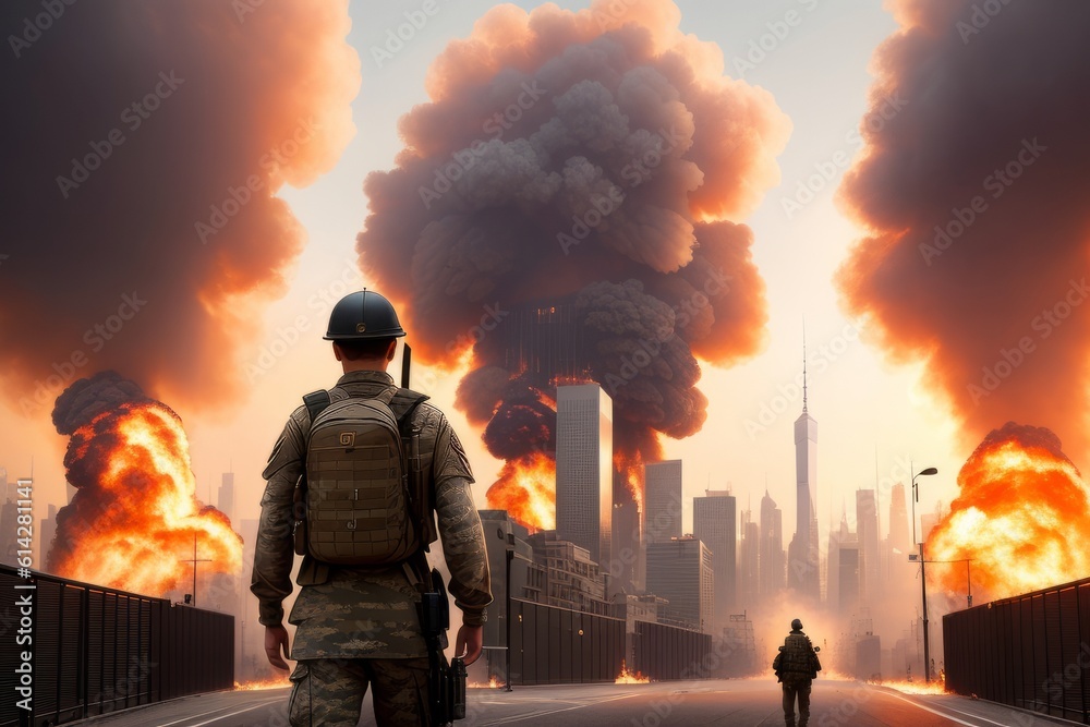 A soldier with a gun and a backpack stands on the road in ruined city, from which smoke comes, war, explosions, fire, smoke. landscape with the ruined construction of a family house. Generative AI
