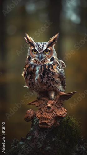 Wild horned owl in the forest during autumn (close-up) - Vertical
