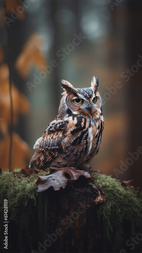 Wild horned owl in the forest during autumn (close-up) - Vertical