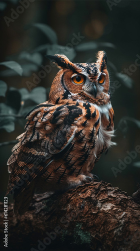 Wild horned owl in the forest during autumn (close-up) - Vertical