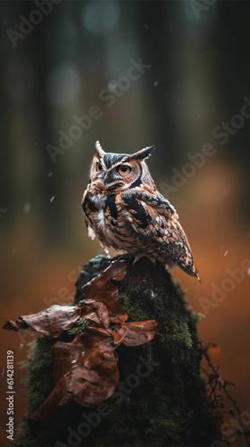 Wild horned owl in the forest during autumn  close-up  - Vertical