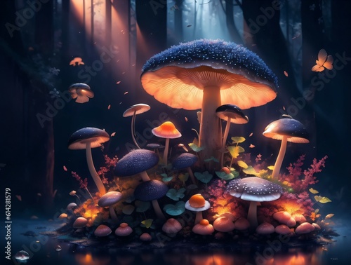 magical neon mushroom in dark forest. Created with Generative AI Technology.