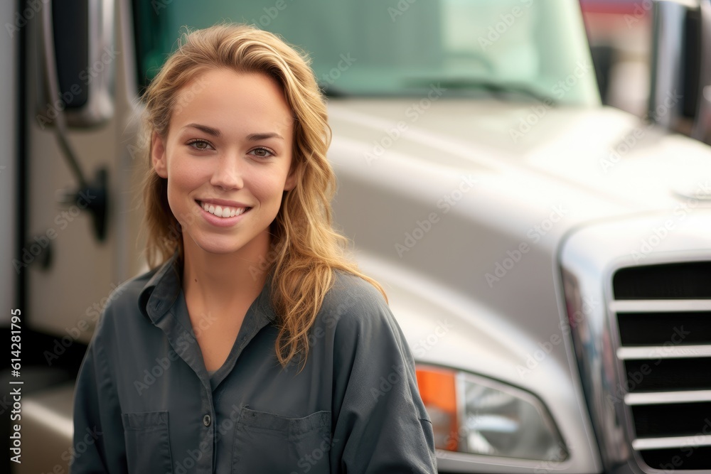 A young female truck driver as she poses in front of her truck with a warm smile. Generative AI A young female truck driver as she poses in front of her truck with a warm smile. Generative AI