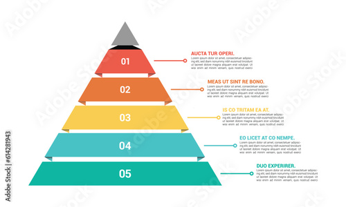 Pyramid Infographic, funnel pyramid business infographic with 5 charts. Template can be edited, recolored, editable. EPS Vector © Dzafa
