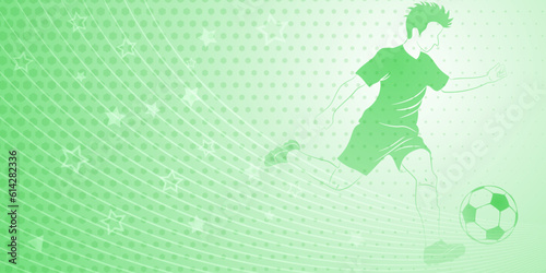 Abstract soccer background with a football player kicking the ball and other sport symbols in green colors