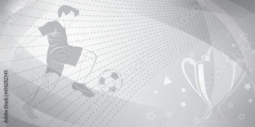 Abstract soccer background with a football player kicking the ball and other sport symbols in gray colors