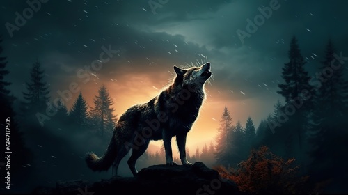 wolf howling at the moon. Generative AI © vie_art