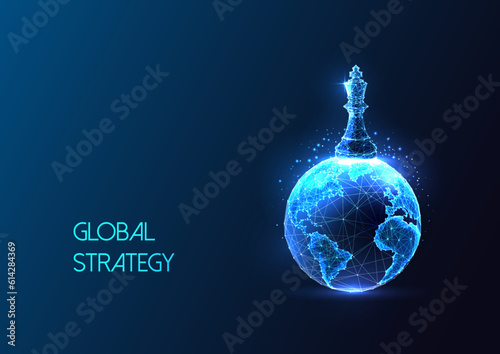 Global strategy, worldwide impact, leadership futuristic concept with chess figure and Earth globe