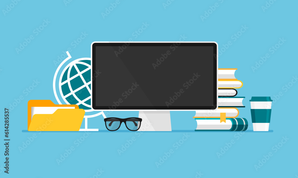 Vector workspace for student or school. Computer, books, globe, textbook, coffee. Home distance learning. Front view illustration in trendy flat style