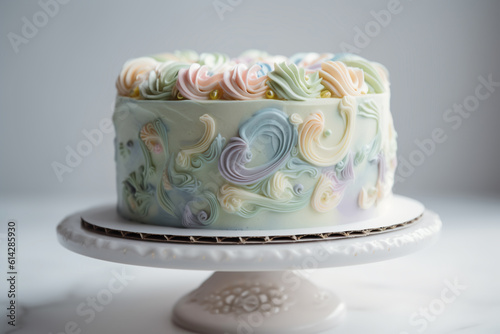 Elevated Delicacy: Close-Up of an Aesthetic Cake in Pastel Colors with Cream Patterns, Resting on a Stand