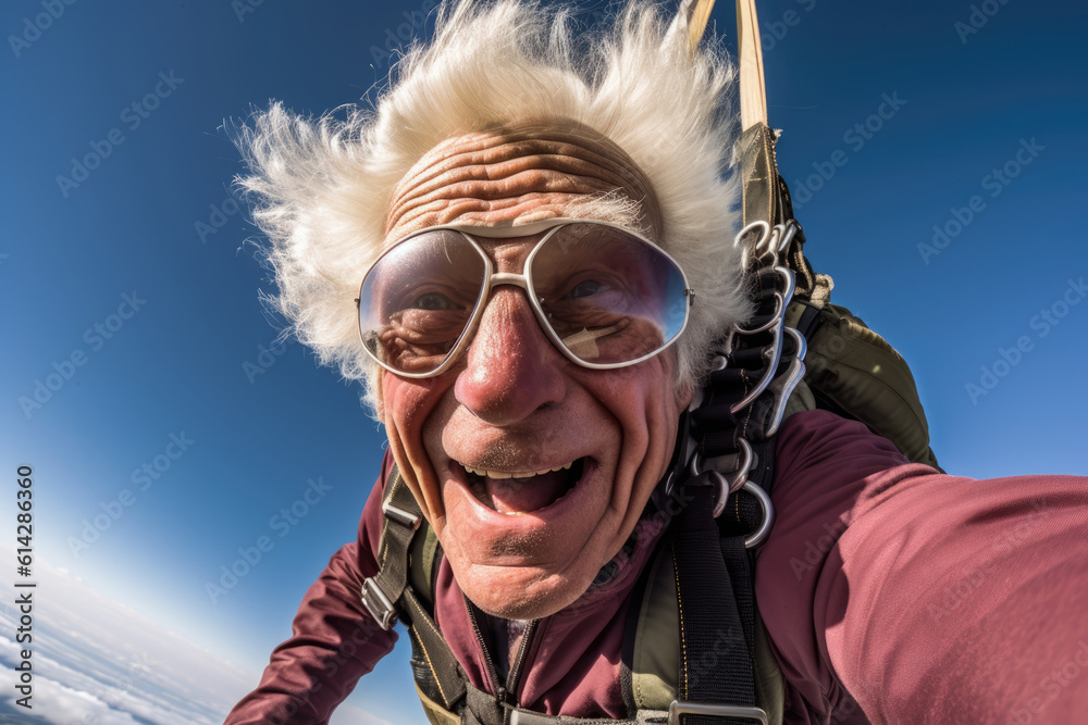 Senior man skydiver falls through the air. AI generative art Senior man skydiver falls through the air. AI generative art
