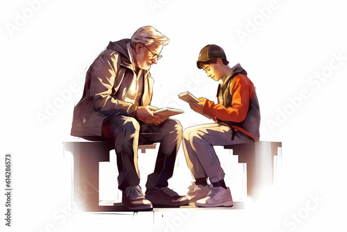 An heart warming illustration portraying a teenager teaching an elderly person how to use a smartphone or a tablet, highlighting the intergenerational bond and the exchange of knowledge