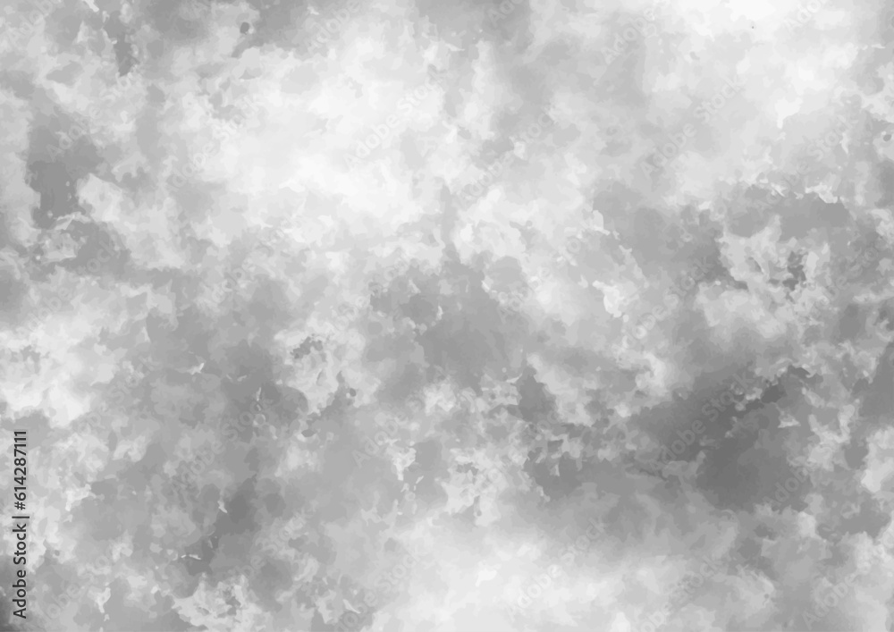 Grey vector art background with white clouds and sky. Heaven. Sun rays. Hand drawn vector texture. Monochrome abstract template for flyers, cards, poster, cover or design interior. Sunny day. Vacation