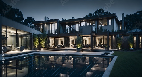 Photo of a modern outdoor living space with a luxurious pool and comfortable seating © Usman