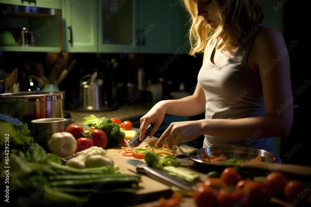 A young woman as she prepares a delicious meal in the close - up shot of her home kitchen. Generative AI