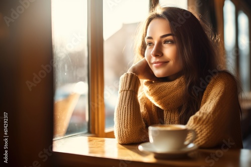 A young woman enjoying a cup of coffee at a trendy cafe. Generative AI