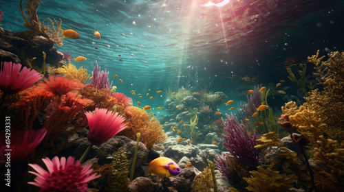 Underwater view of blue sea with coral reefs growing on the seabeU