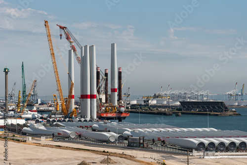 Port of Le Havre northern France. 2023. Offshore wind turbine installation ship loading turbine blades  bound for St Brieuc wind farm, off Brittany.