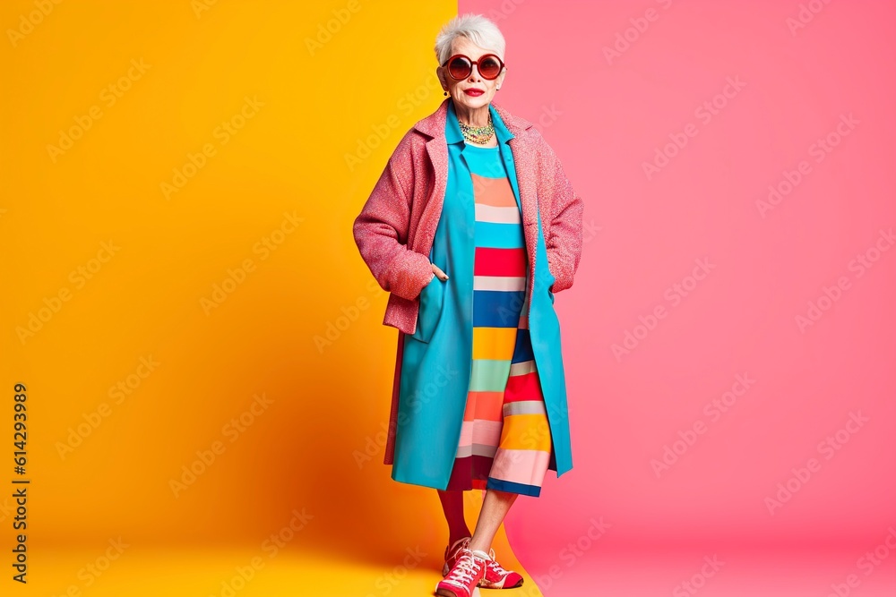 Older woman in funny and colorful clothes smiles and shows active and vitality. Ai generated.