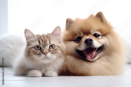 In a heartwarming display of friendship, a dog and a cat strike a funny pose together, showcasing their adorable bond and playful companionship. AI Generated.