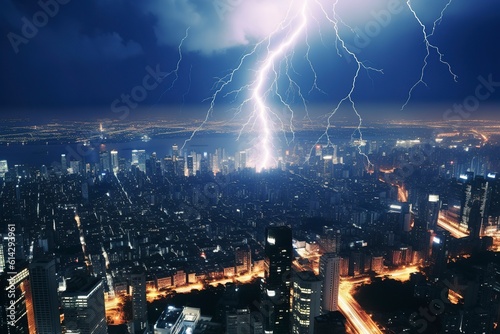 Lightning strikes a building in the financial district of a large city. Ai generated.