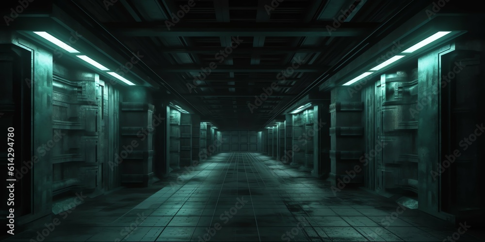 3d render. wallpaper and Illustration background Geometric figure in neon light against a dark tunnel. Laser glow 