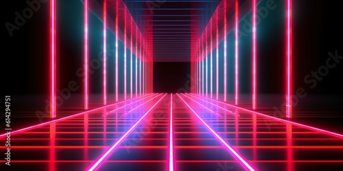 3d render. wallpaper and Illustration background Geometric figure in neon light against a dark tunnel. Laser glow 