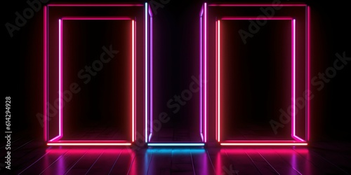 3d render. wallpaper and Illustration background Geometric figure in neon light against a dark tunnel. Laser glow 