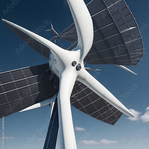 Technological advancements in wind energy, featuring a close-up view of a modern windmill's intricate design and rotating blades. Generated AI