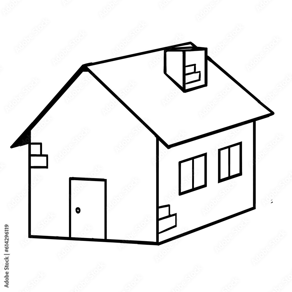 Children's illustration of house, drawing of house, drawing of home, isolated drawing of house, children's style drawing of house, drawing of house for coloring.
