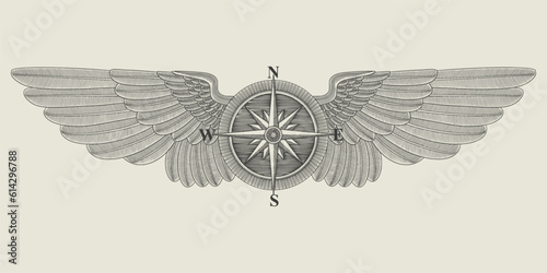 Nautical compass rose, Hand drawn design vintage engraving drawing style illustration