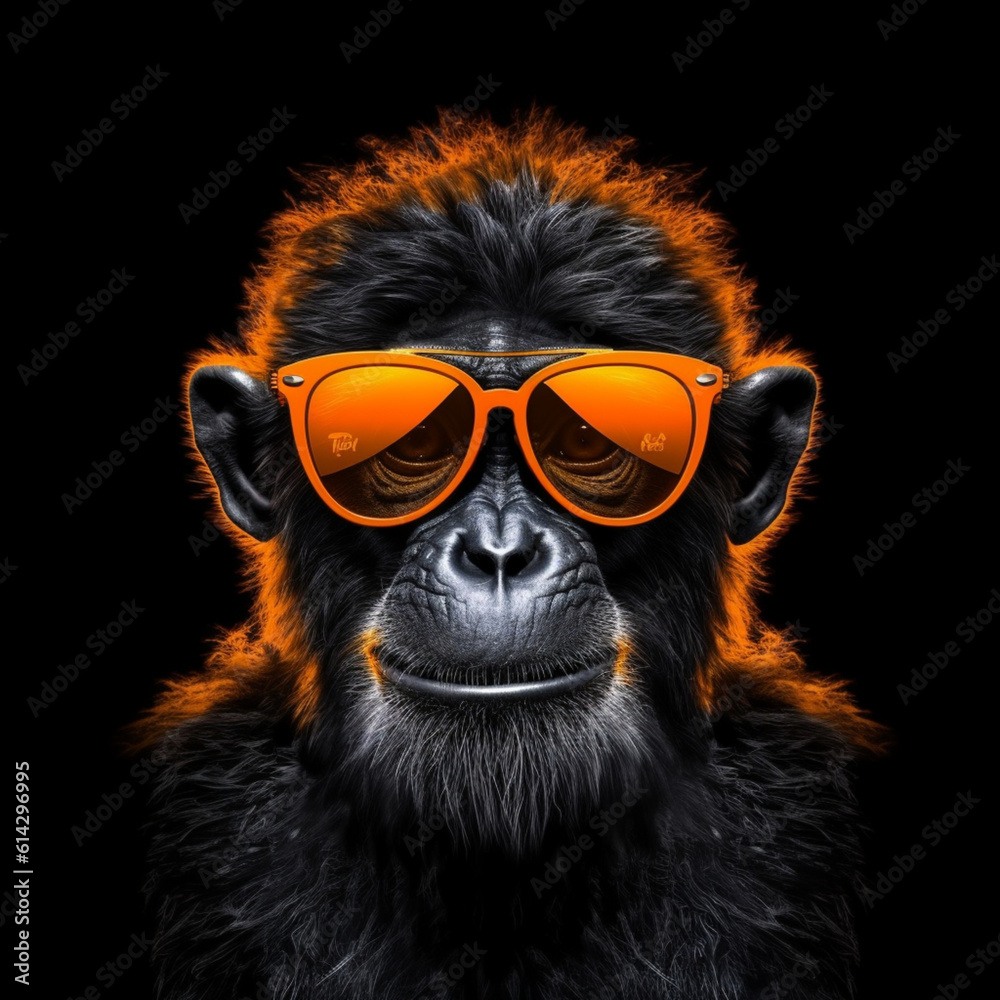 crazy monkey portrait,orange sunglasses,black background,printable stile,4k crazy monkey portrait,orange sunglasses,black background,printable stile,4k
