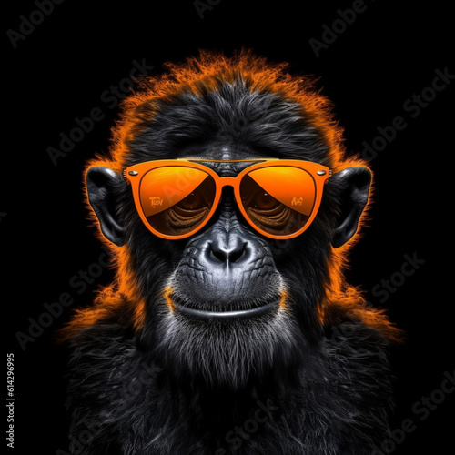 crazy monkey portrait,orange sunglasses,black background,printable stile,4k © Junior