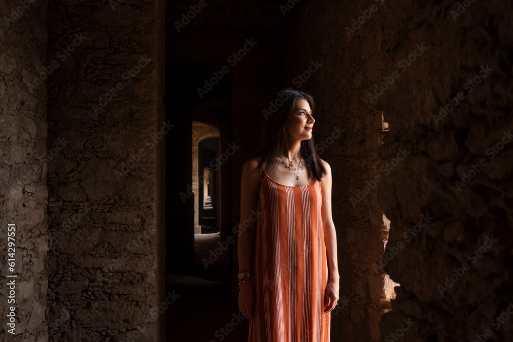 portrait of mexican woman inside some ruins in Santa Brigida in Mineral de Pozos Mexico
