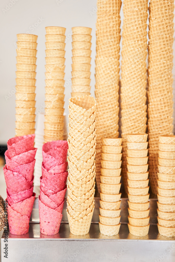 blank ice cream wafers. Waffle cones in an icecream shop, Italy. A variety of sugarfree vegan