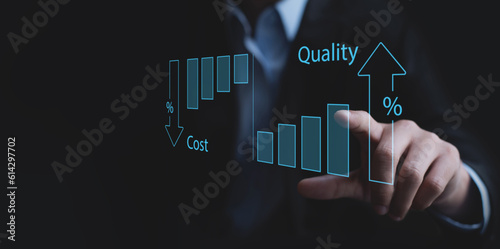Cost and quality control, business strategy and risk management concept. Businessman touching on virtual interface with quality control growth graph and cost reduction, effective business