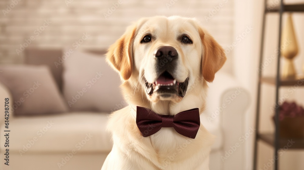 Cute Labrador Retriever with stylish bow tie in living room. Generative AI.
