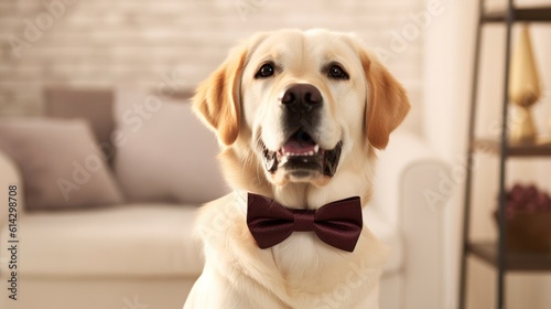 Cute Labrador Retriever with stylish bow tie in living room. Generative AI. © Pro Hi-Res