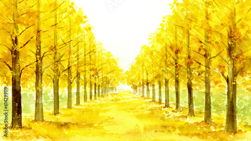 秋のイチョウ並木の水彩画　16：9