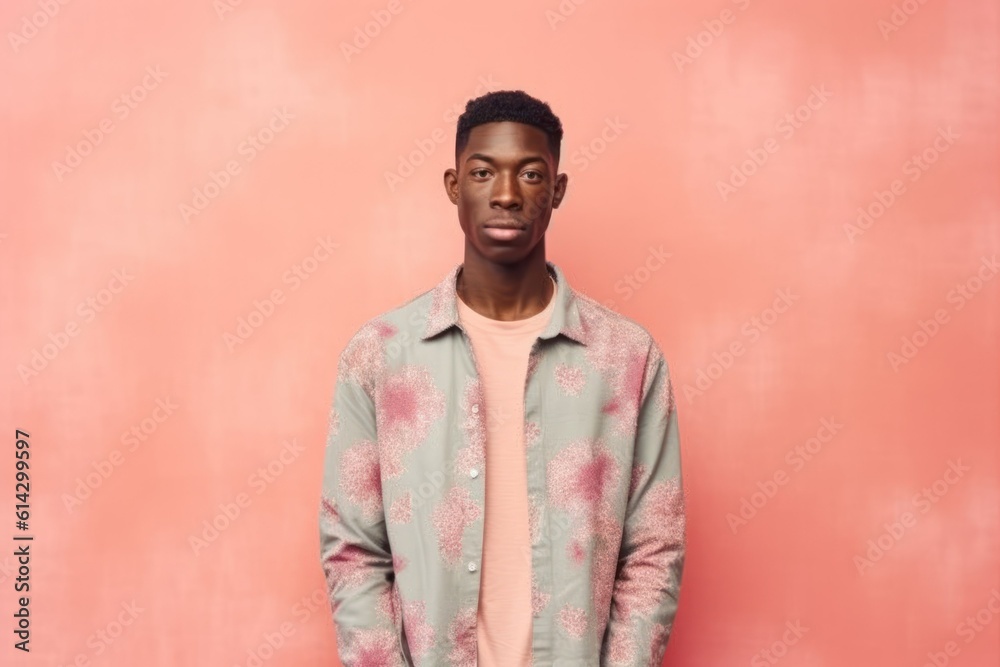 Obraz premium Fullbody Portrait of a Black Man Wearing Casual Clothes Standing on a Plain Pastel Background. Generative AI Illustration.
