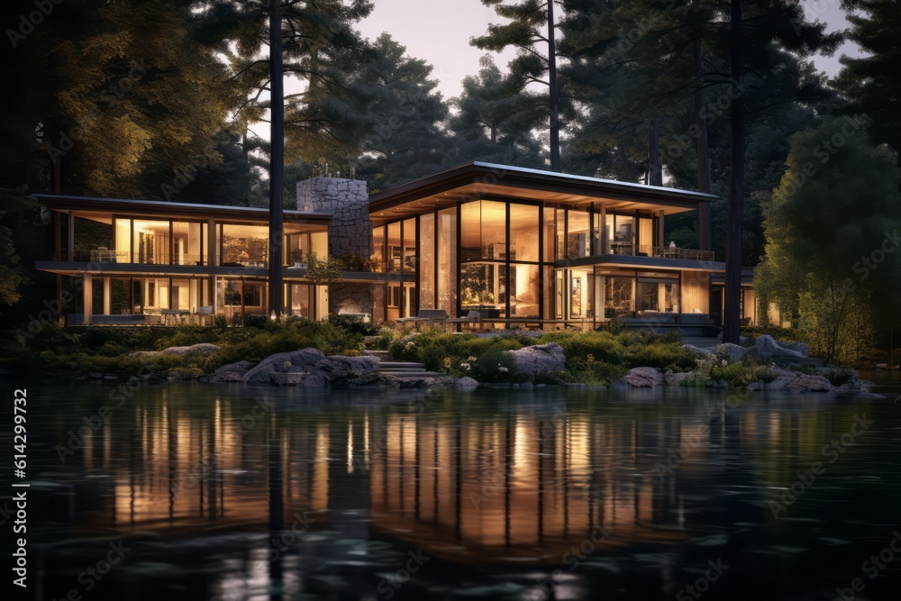 A modern lodge in a forest setting aims to blend seamlessly with its natural surroundings. The architecture takes inspiration from the surrounding environment. Generative AI A modern lodge in a forest setting aims to blend seamlessly with its natural surroundings. The architecture takes inspiration from the surrounding environment. Generative AI