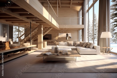 The interior of a chalet is typically characterized by a minimalist aesthetic. Neutral color palettes, clean surfaces, and uncluttered spaces contribute to a sense of calm and serenity. Generative AI © bluebeat76